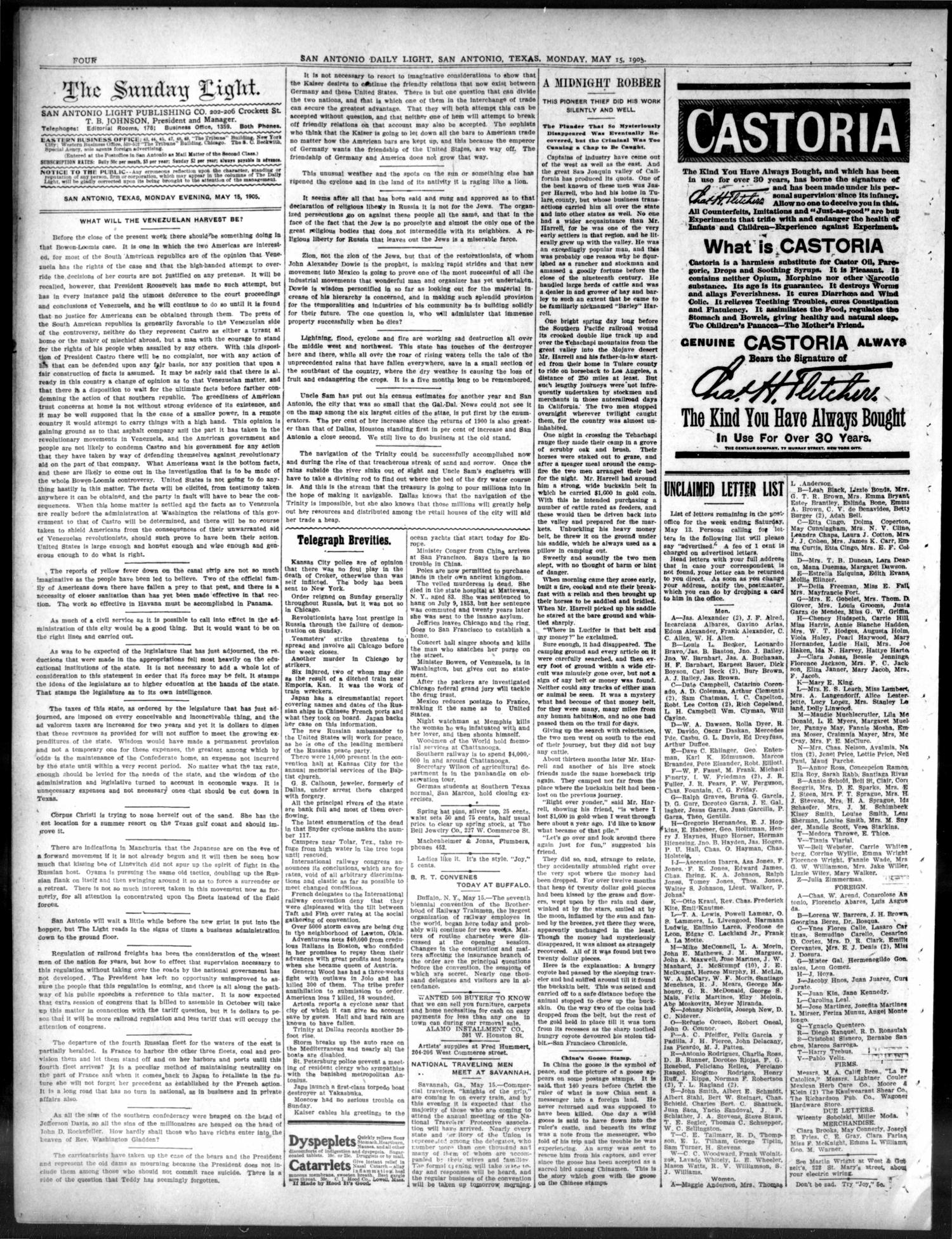 San Antonio Daily Light (San Antonio, Tex.), Vol. 24, No. 118, Ed. 1 Monday, May 15, 1905
                                                
                                                    [Sequence #]: 4 of 8
                                                