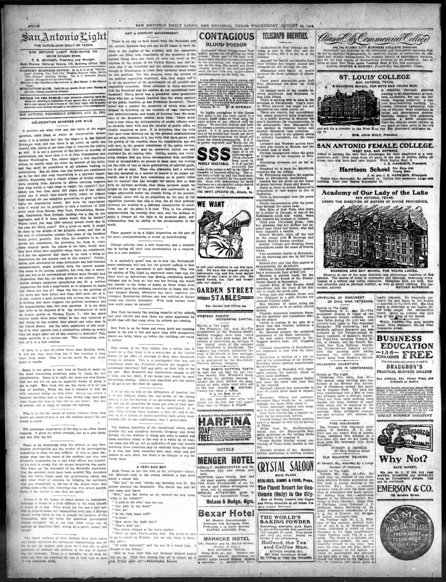 San Antonio Daily Light (San Antonio, Tex.), Vol. 24, No. 217, Ed. 1 Wednesday, August 23, 1905
                                                
                                                    [Sequence #]: 4 of 8
                                                
