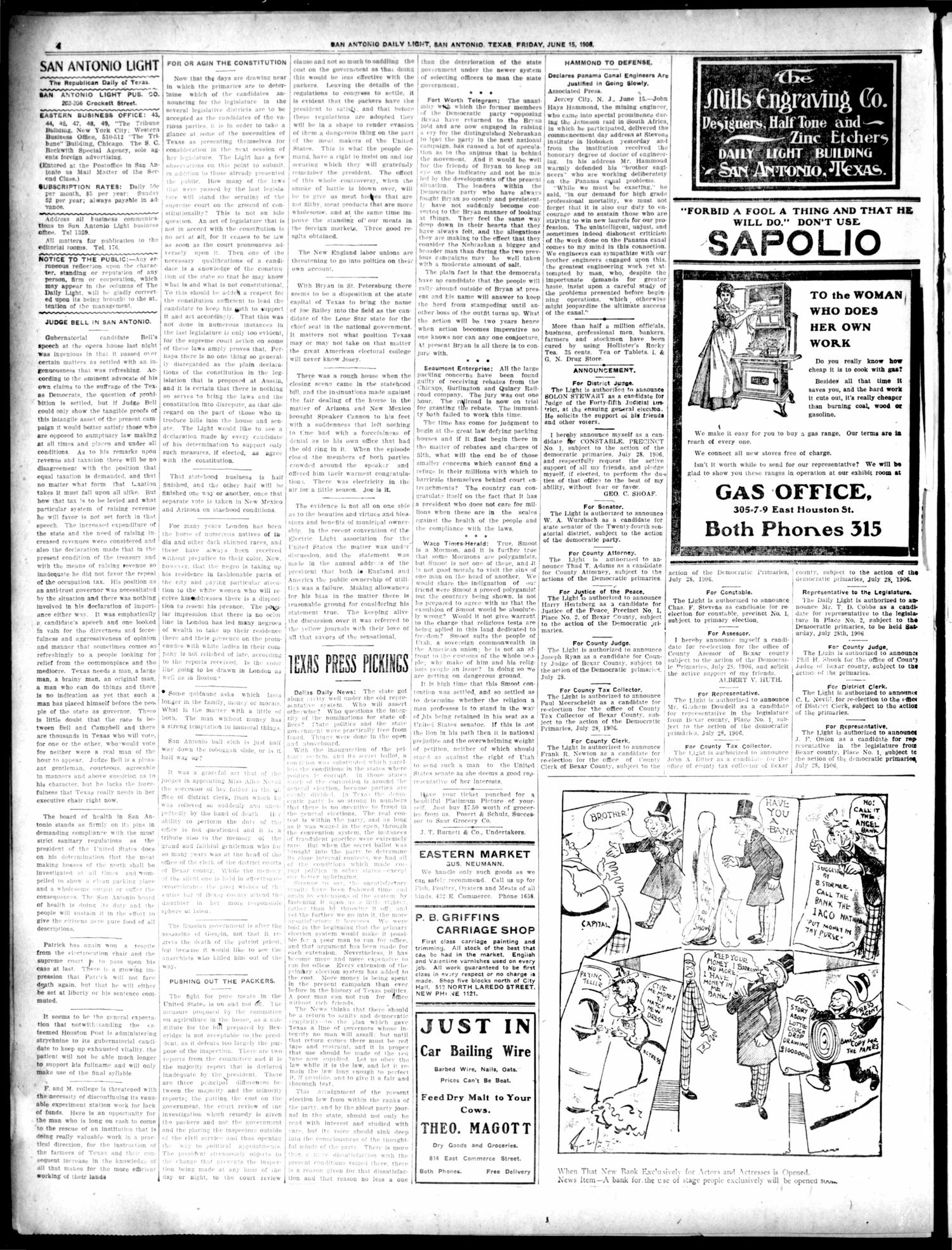 San Antonio Daily Light (San Antonio, Tex.), Vol. 25, No. 144, Ed. 1 Friday, June 15, 1906
                                                
                                                    [Sequence #]: 4 of 10
                                                
