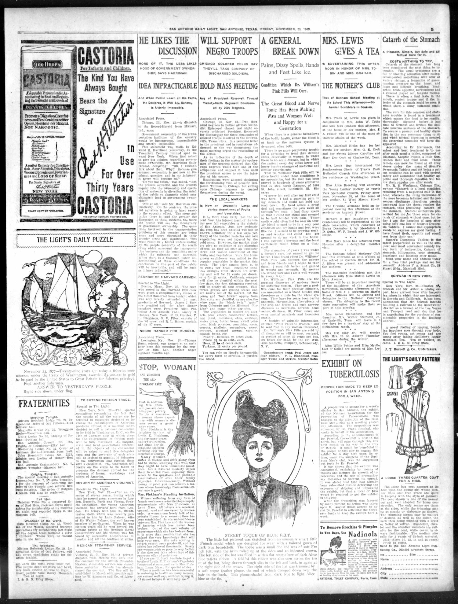 San Antonio Daily Light (San Antonio, Tex.), Vol. 25, No. 302, Ed. 1 Friday, November 23, 1906
                                                
                                                    [Sequence #]: 5 of 10
                                                