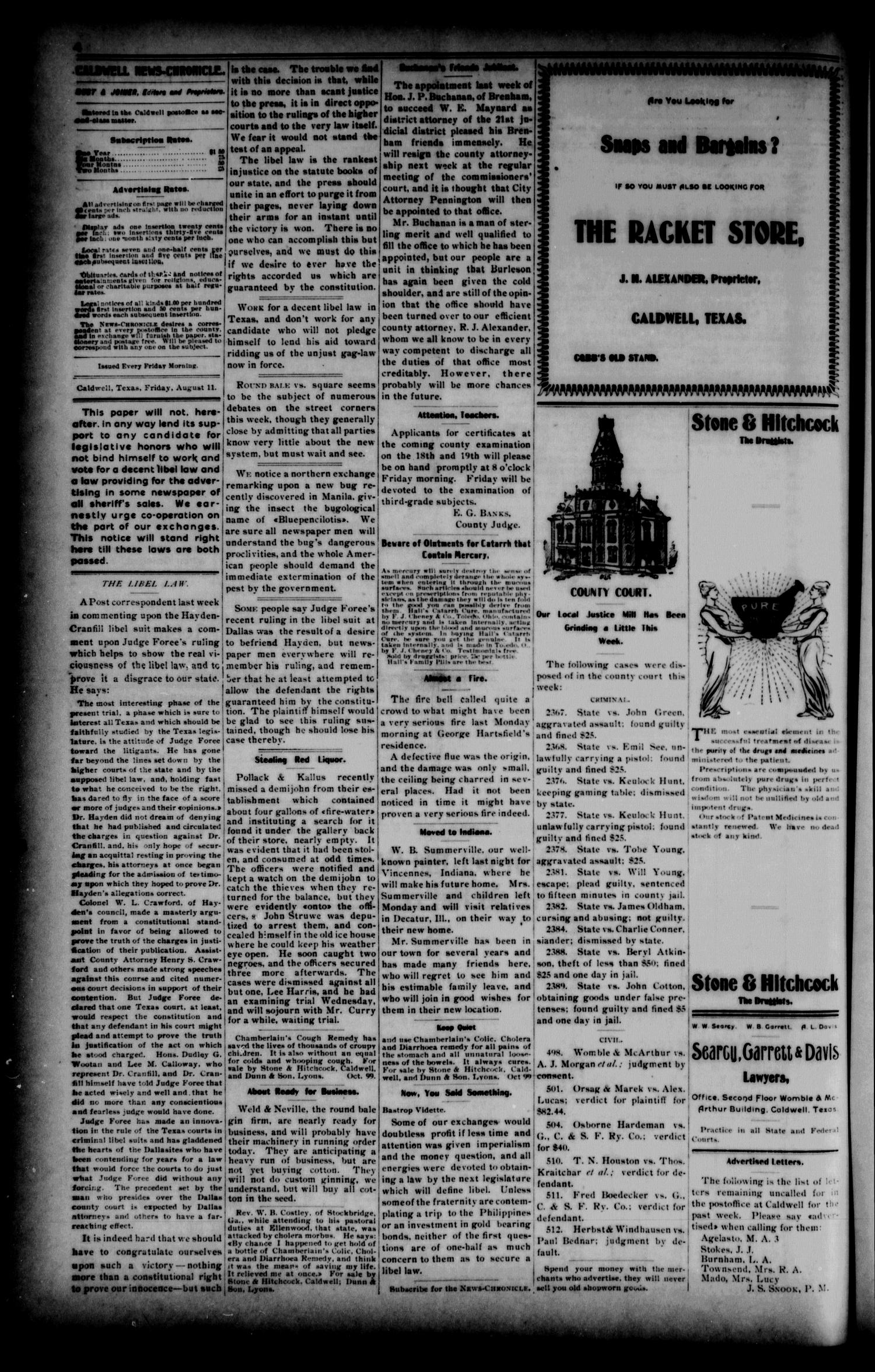 The Caldwell News-Chronicle (Caldwell, Tex.), Vol. 20, No. 12, Ed. 1 Friday, August 11, 1899
                                                
                                                    [Sequence #]: 4 of 10
                                                