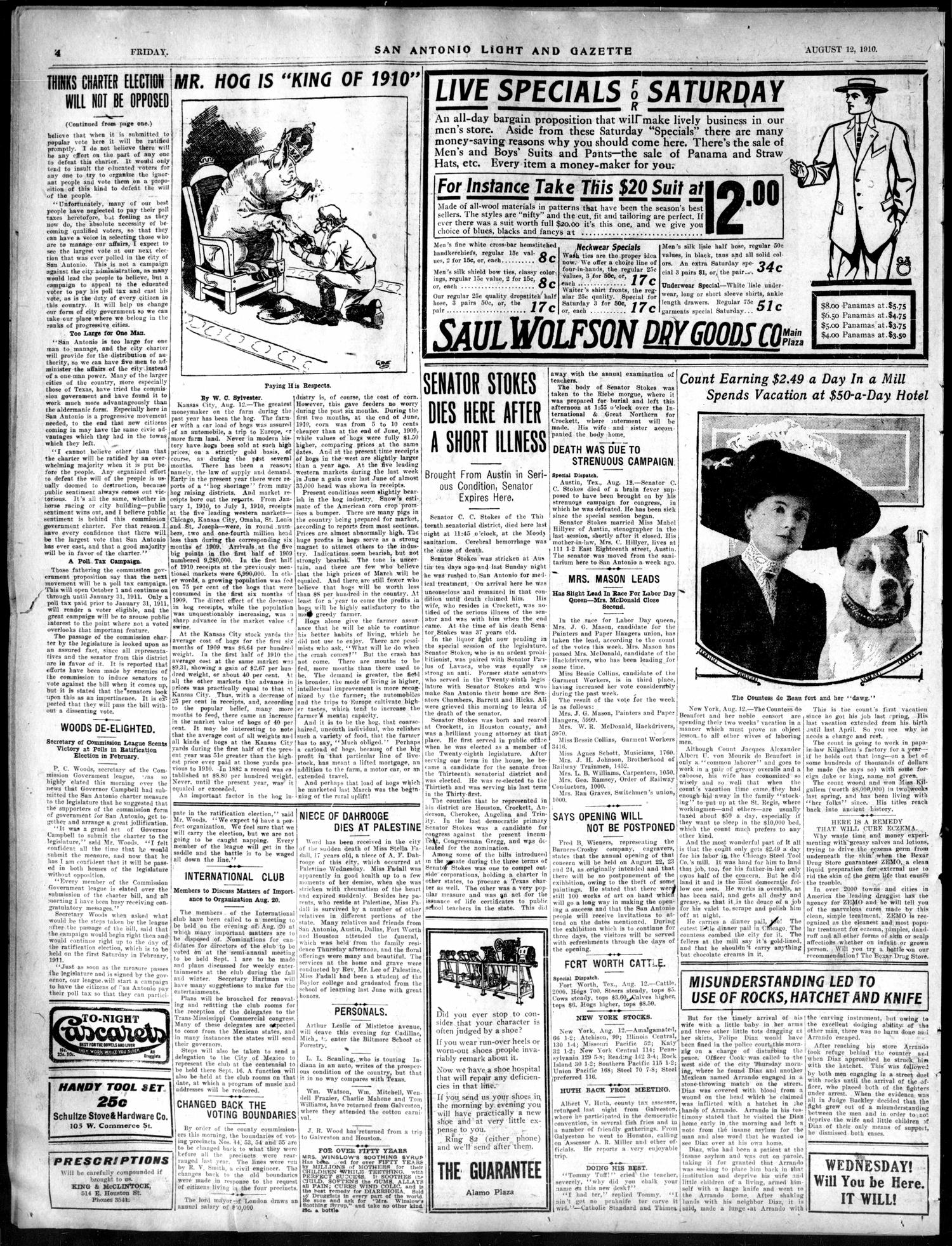 San Antonio Light and Gazette (San Antonio, Tex.), Vol. 31, No. 203, Ed. 1 Friday, August 12, 1910
                                                
                                                    [Sequence #]: 4 of 16
                                                