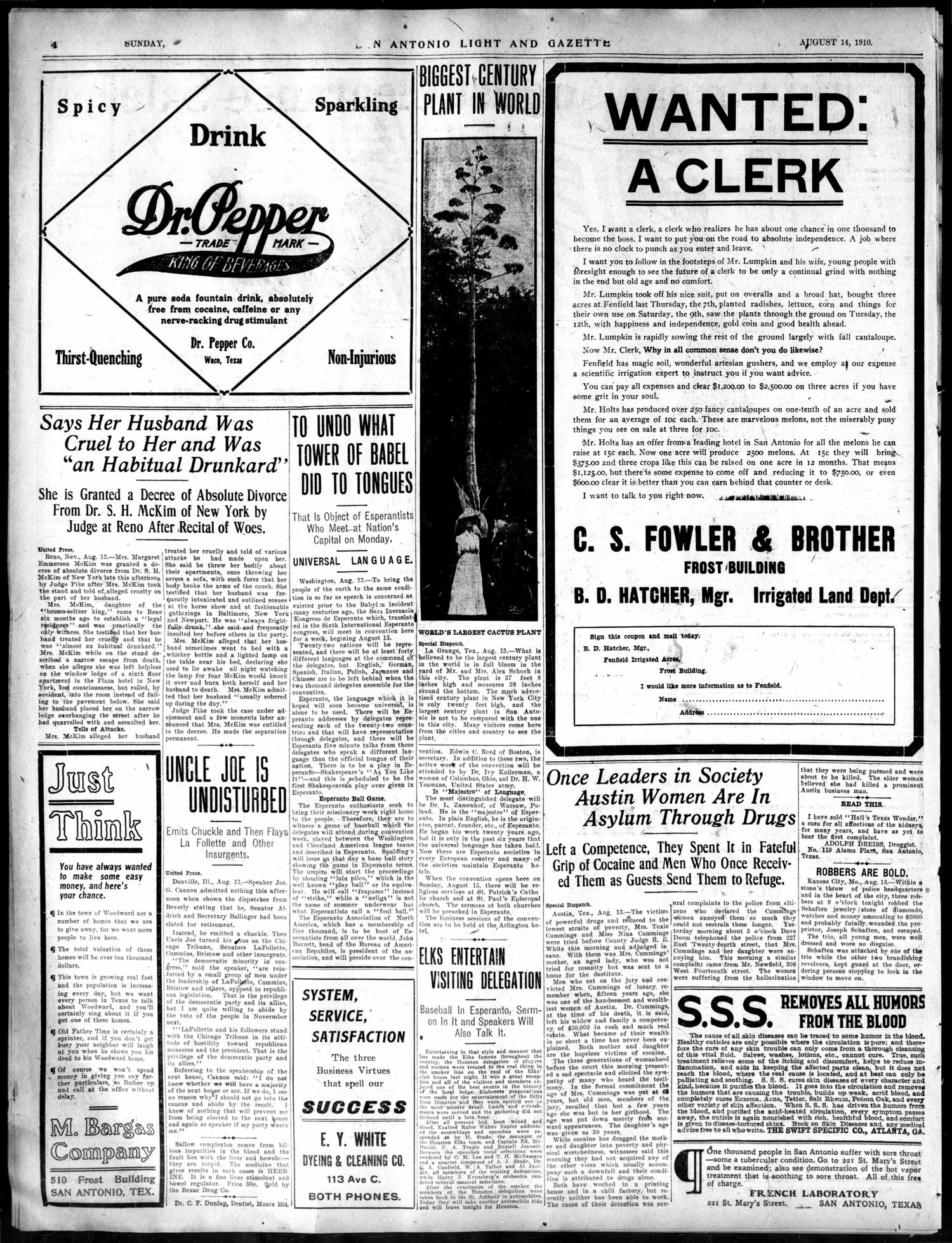 San Antonio Light and Gazette (San Antonio, Tex.), Vol. 31, No. 205, Ed. 1 Sunday, August 14, 1910
                                                
                                                    [Sequence #]: 4 of 32
                                                