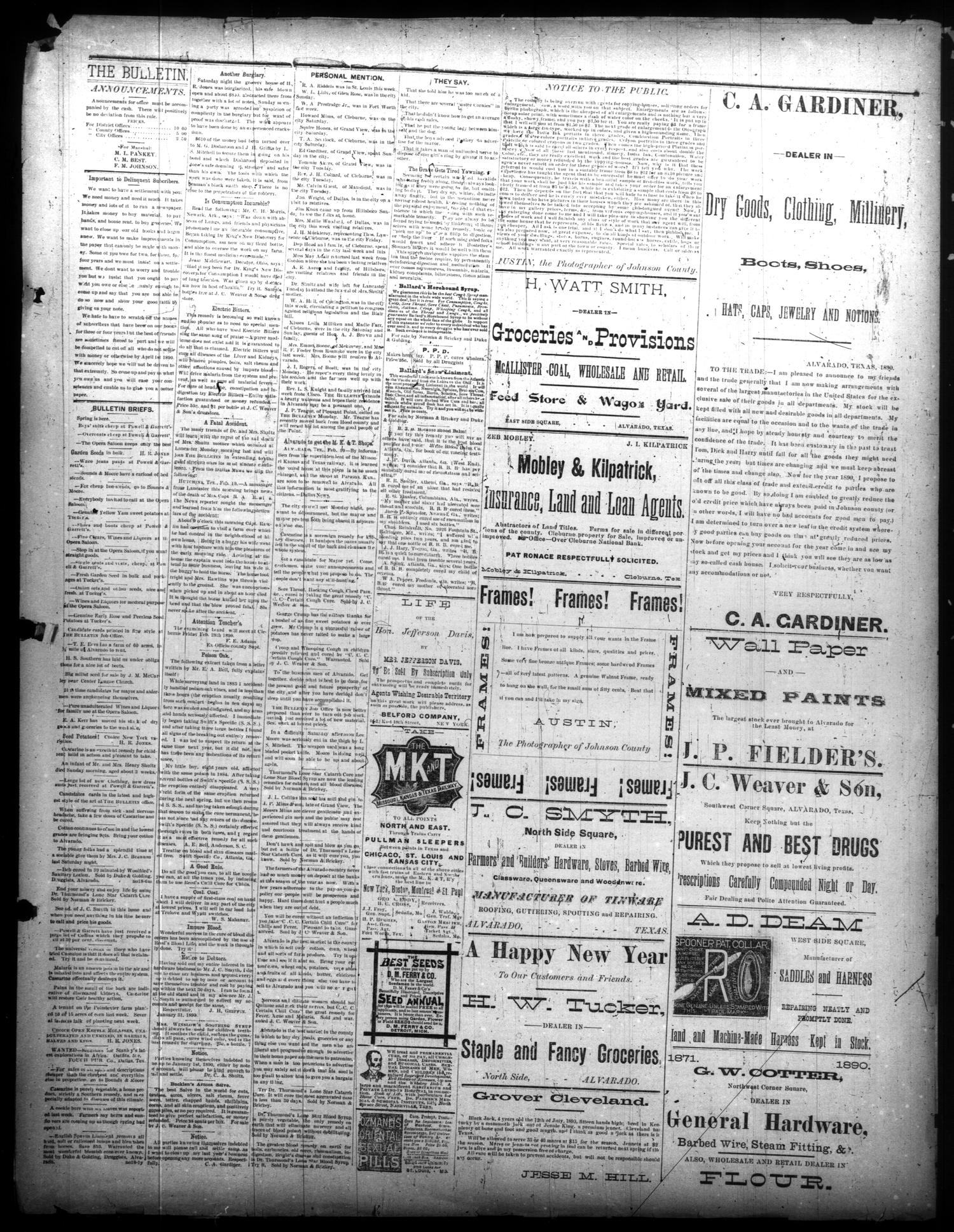 Alvarado Weekly Bulletin. (Alvarado, Tex.), Vol. 10, No. 29, Ed. 1 Friday, February 14, 1890
                                                
                                                    [Sequence #]: 3 of 4
                                                