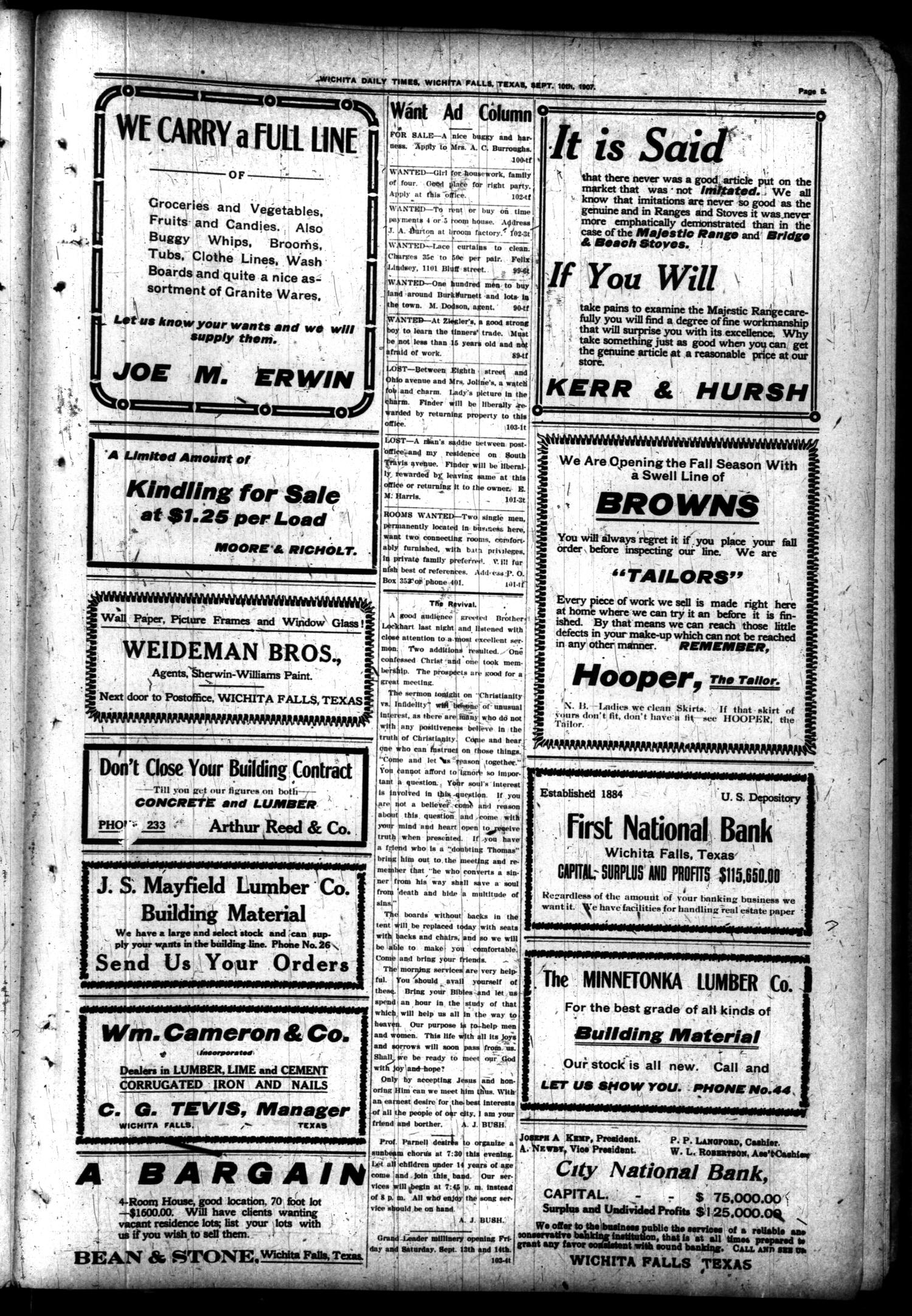Wichita Daily Times. (Wichita Falls, Tex.), Vol. 1, No. 103, Ed. 1 Tuesday, September 10, 1907
                                                
                                                    [Sequence #]: 5 of 8
                                                