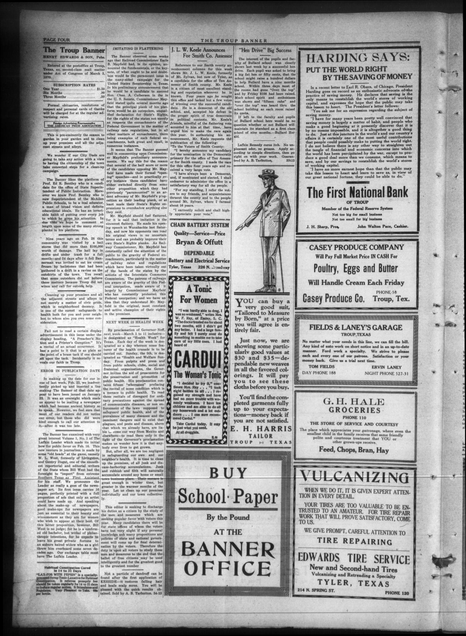 The Troup Banner (Troup, Tex.), Vol. 28, No. 35, Ed. 1 Thursday, March 2, 1922
                                                
                                                    [Sequence #]: 4 of 8
                                                