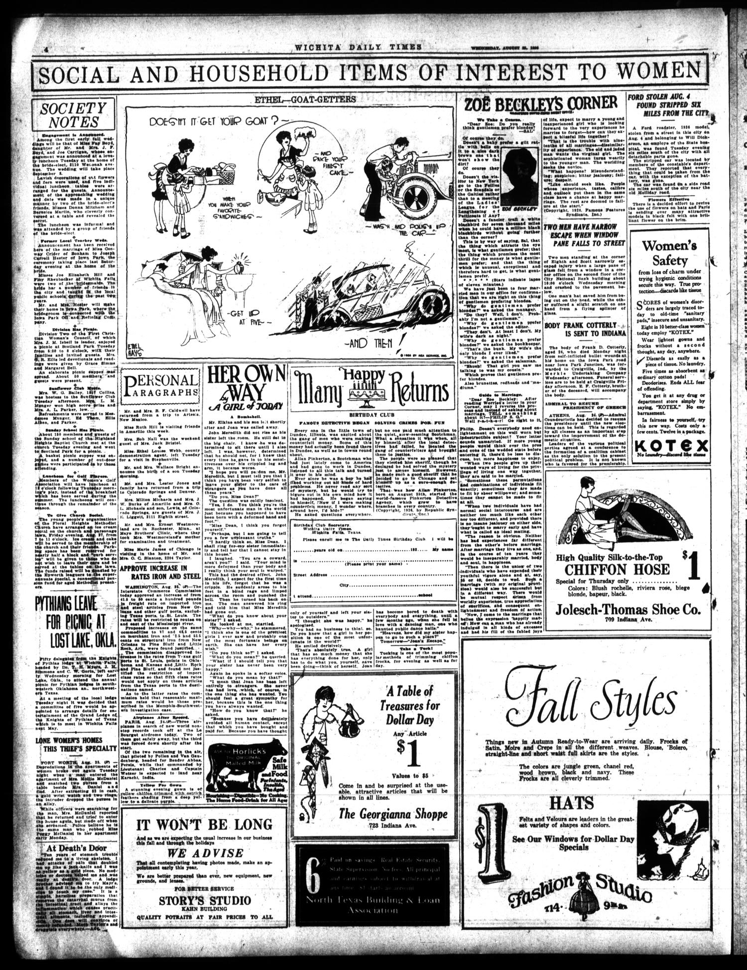 Wichita Daily Times (Wichita Falls, Tex.), Vol. 20, No. 104, Ed. 1 Wednesday, August 25, 1926
                                                
                                                    [Sequence #]: 4 of 18
                                                