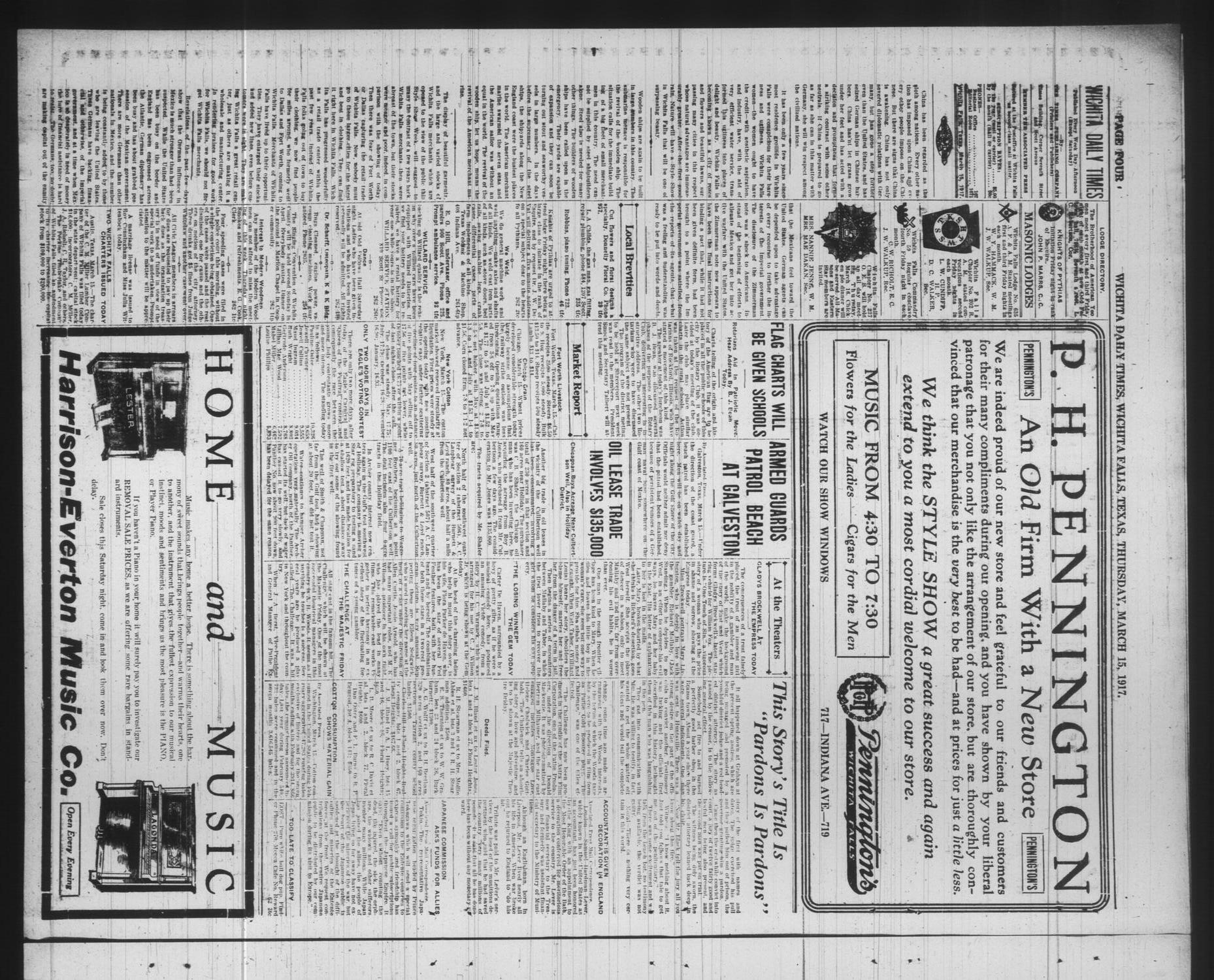 Wichita Daily Times (Wichita Falls, Tex.), Vol. 10, No. 262, Ed. 3 Thursday, March 15, 1917
                                                
                                                    [Sequence #]: 4 of 6
                                                