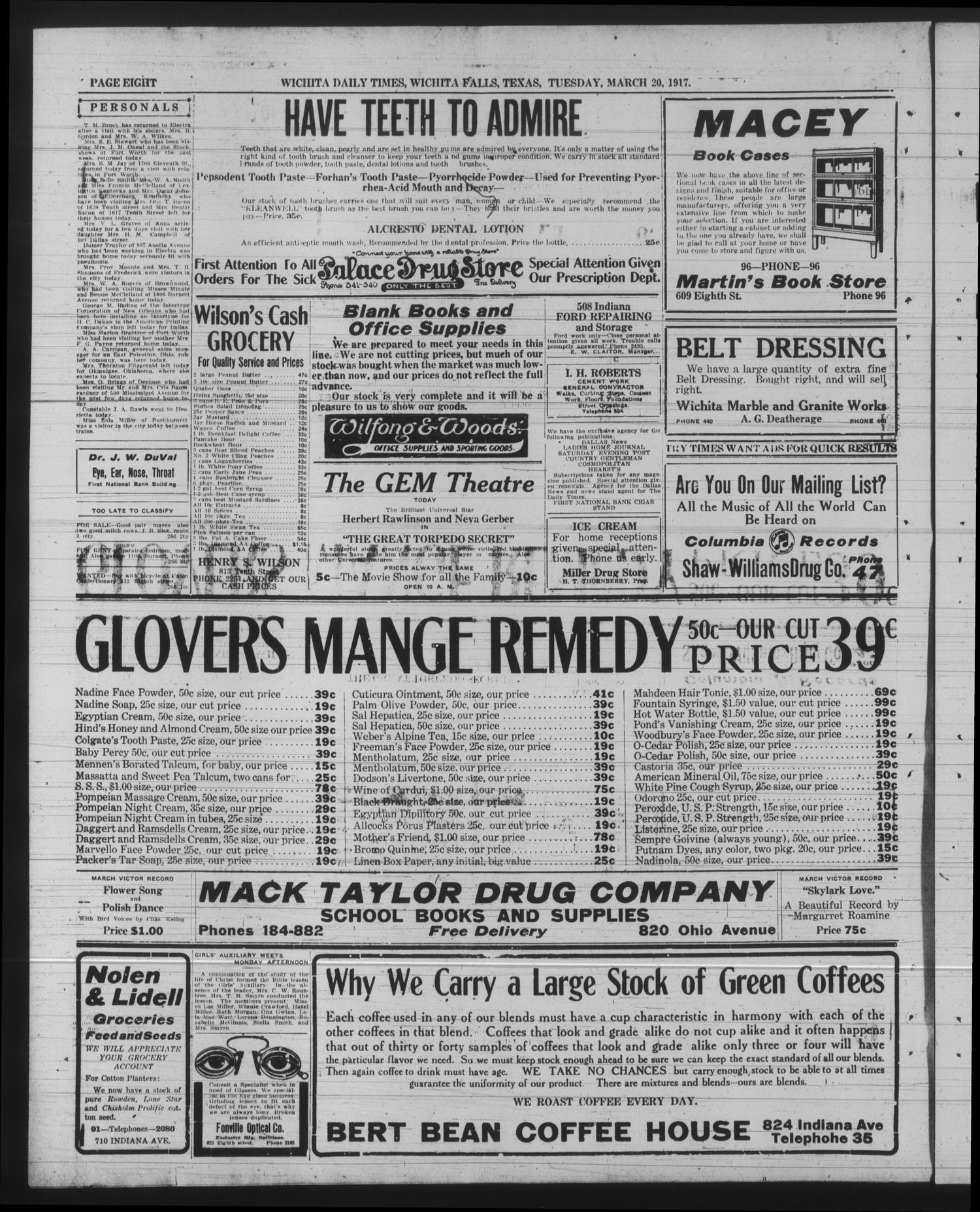 Wichita Daily Times (Wichita Falls, Tex.), Vol. 10, No. 266, Ed. 1 Tuesday, March 20, 1917
                                                
                                                    [Sequence #]: 8 of 8
                                                