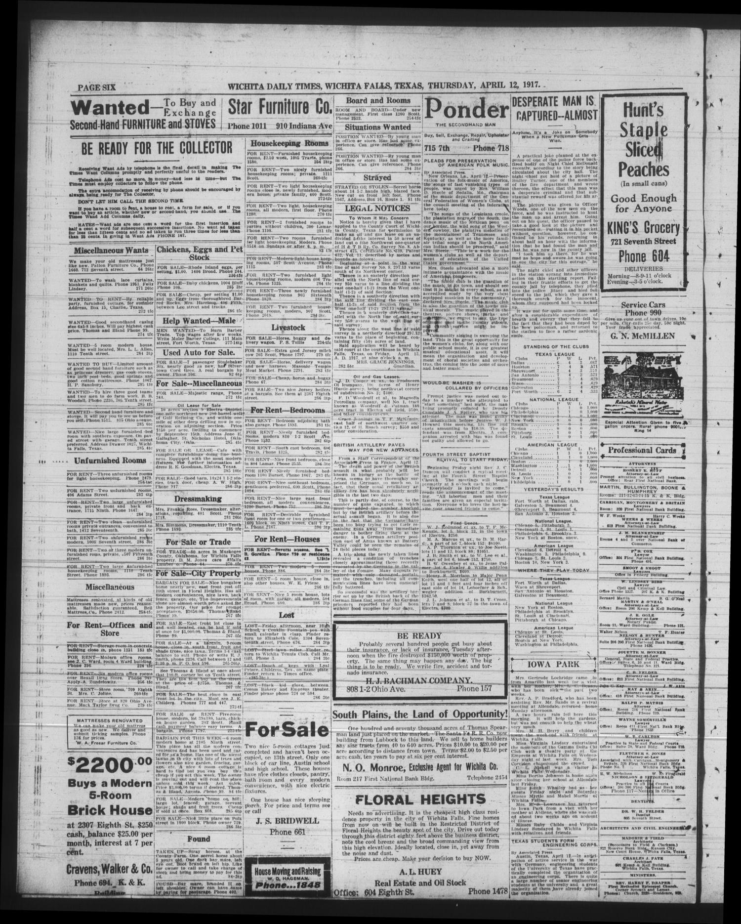 Wichita Daily Times (Wichita Falls, Tex.), Vol. 10, No. 286, Ed. 1 Thursday, April 12, 1917
                                                
                                                    [Sequence #]: 6 of 8
                                                