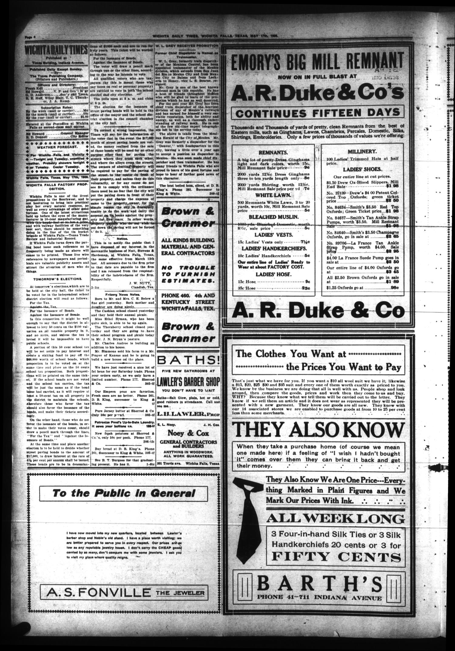 Wichita Daily Times (Wichita Falls, Tex.), Vol. 3, No. [3], Ed. 1 Monday, May 17, 1909
                                                
                                                    [Sequence #]: 4 of 8
                                                
