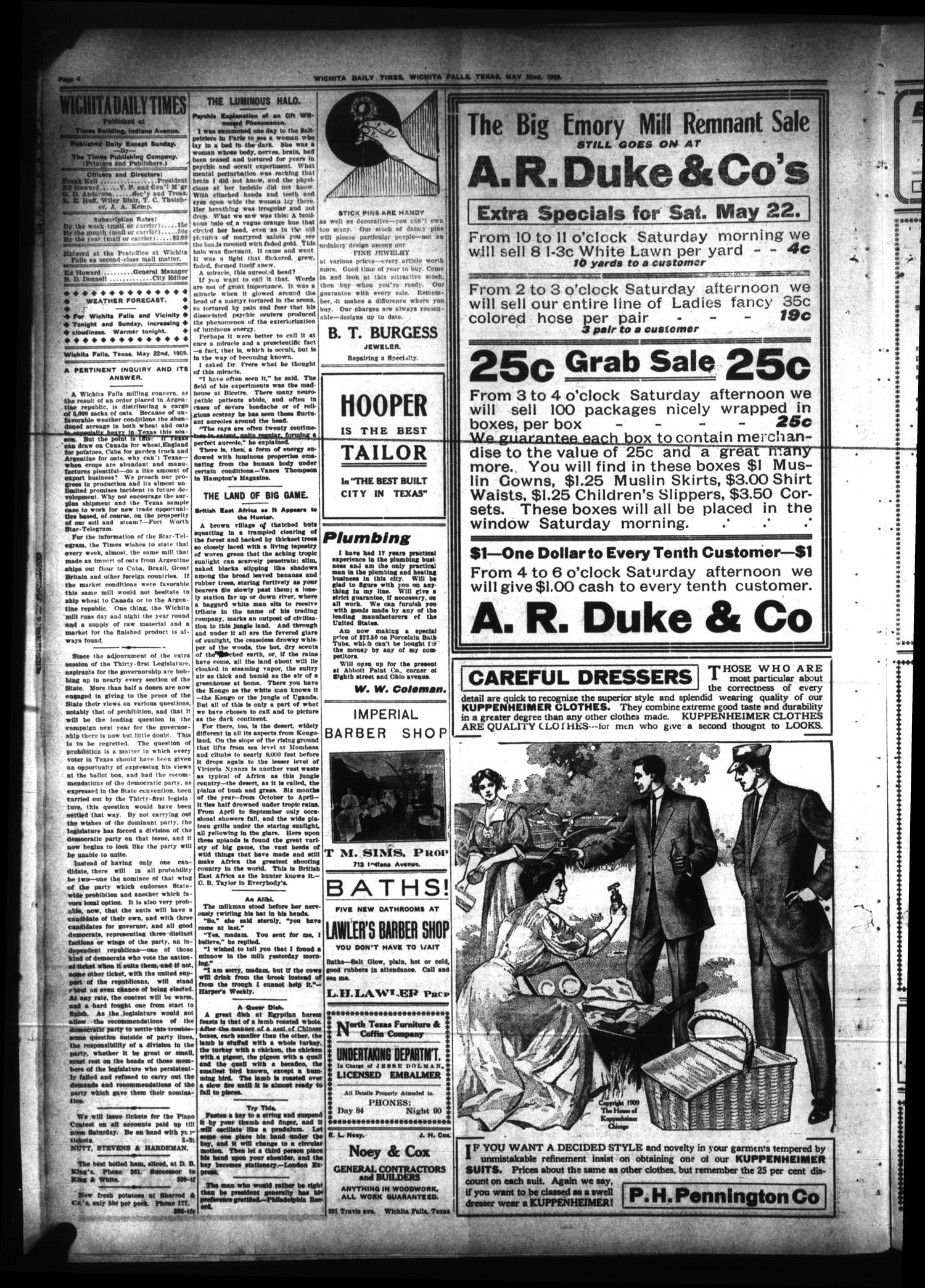 Wichita Daily Times (Wichita Falls, Tex.), Vol. 3, No. 8, Ed. 1 Saturday, May 22, 1909
                                                
                                                    [Sequence #]: 4 of 8
                                                