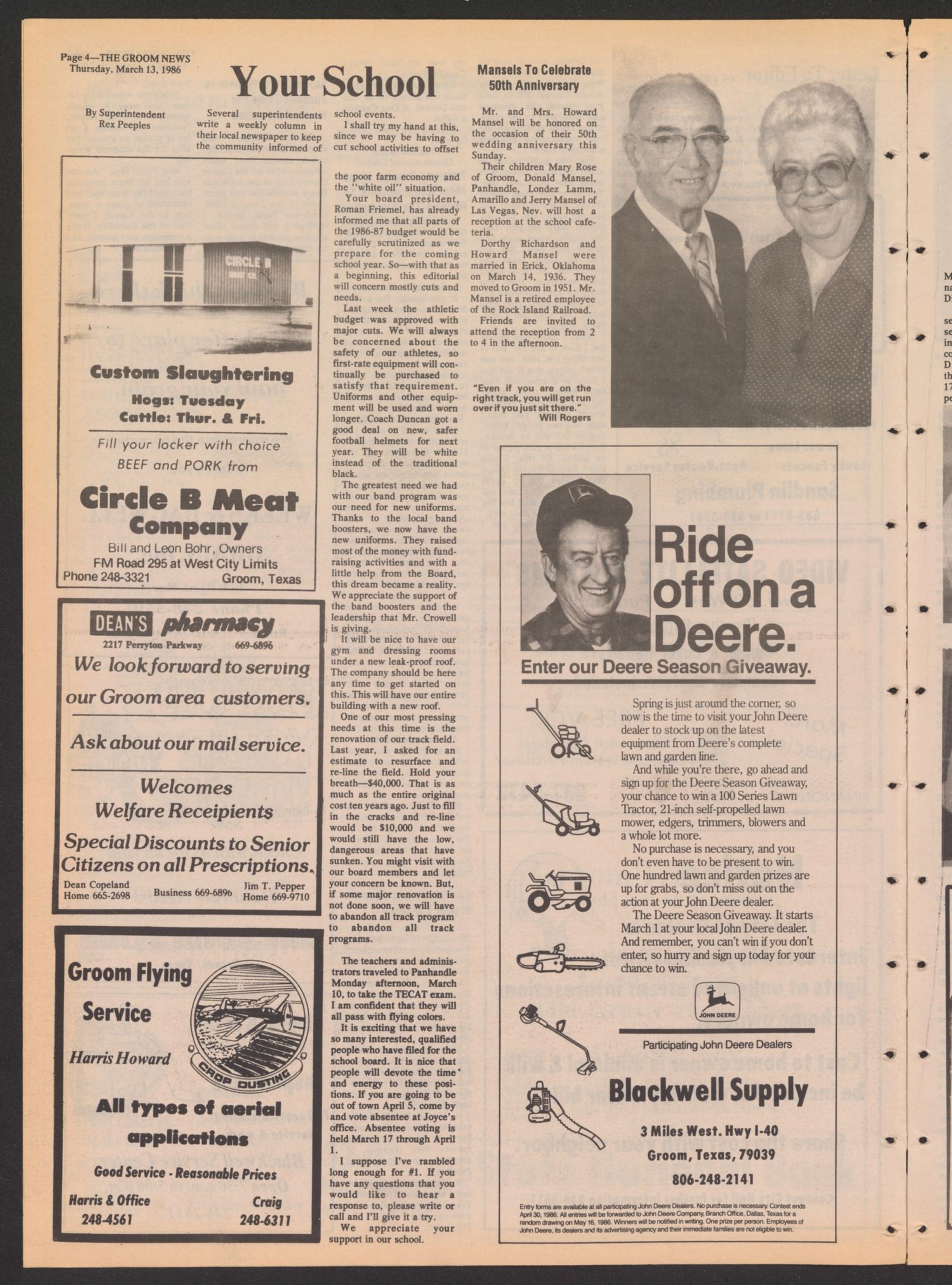 The Groom News (Groom, Tex.), Vol. 57, No. 6, Ed. 1 Thursday, March 13, 1986
                                                
                                                    [Sequence #]: 4 of 16
                                                
