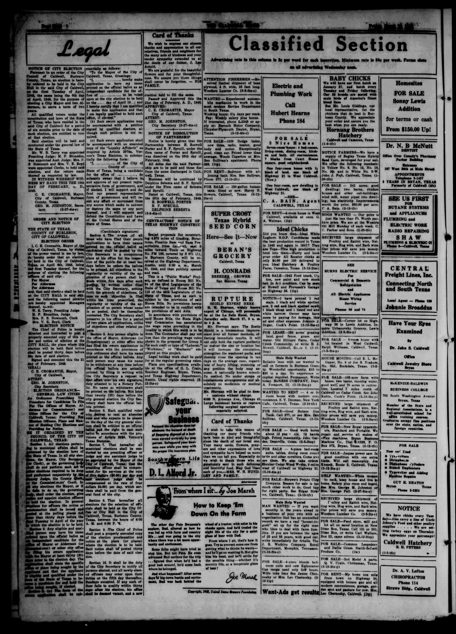The Caldwell News and The Burleson County Ledger (Caldwell, Tex.), Vol. 61, No. 34, Ed. 1 Friday, March 19, 1948
                                                
                                                    [Sequence #]: 4 of 12
                                                