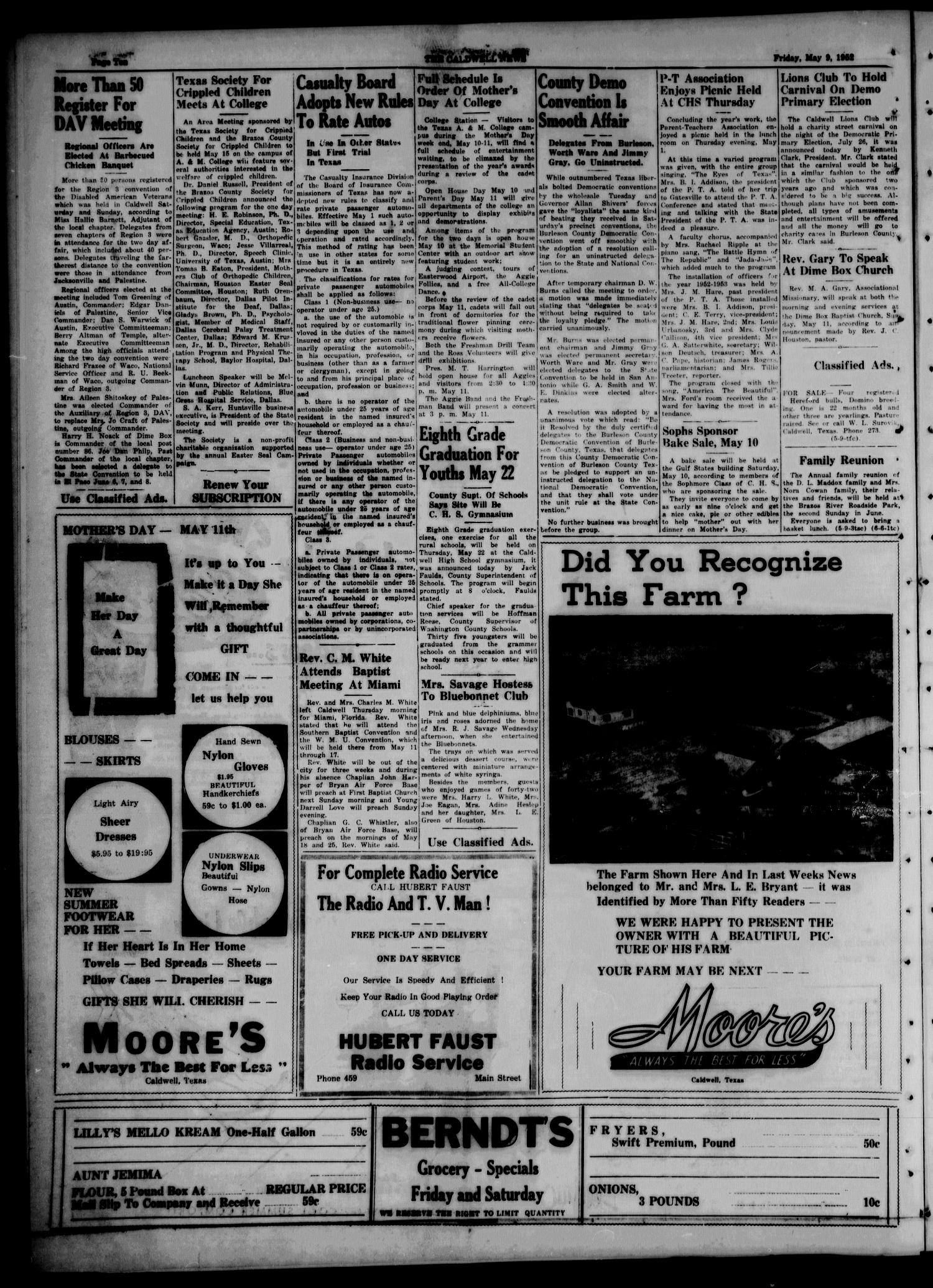 The Caldwell News and The Burleson County Ledger (Caldwell, Tex.), Vol. 65, No. 40, Ed. 1 Friday, May 9, 1952
                                                
                                                    [Sequence #]: 10 of 10
                                                