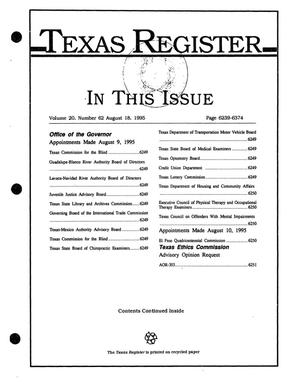 Primary view of object titled 'Texas Register, Volume 20, Number 62, Pages 6239-6374, August 18, 1995'.