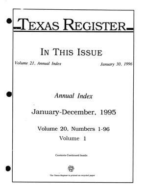 Primary view of object titled 'Texas Register: Annual Index January-December, 1995, Volume 20, Number 1-96, (Volume 1), January 30, 1996'.