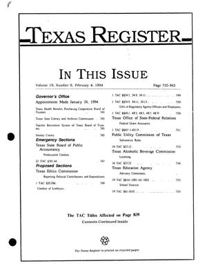 Primary view of object titled 'Texas Register, Volume 19, Number 9, Pages 735-842, February 4, 1994'.