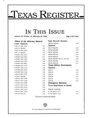 Primary view of object titled 'Texas Register, Volume 19, Number 13, Pages 1137-1263, February 18, 1994'.