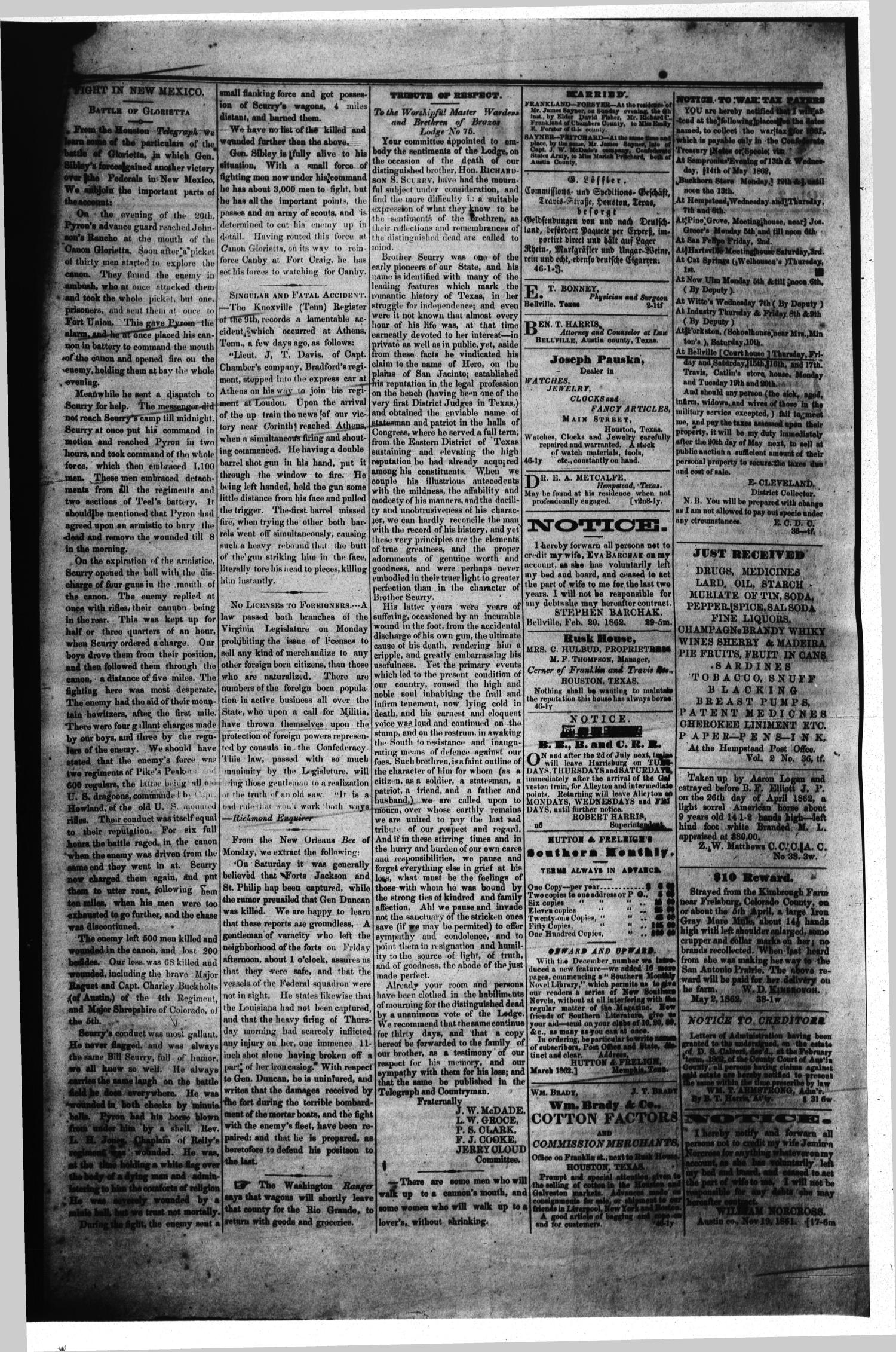 The Bellville Countryman (Bellville, Tex.), Vol. 2, No. 39, Ed. 1 Saturday, May 10, 1862
                                                
                                                    [Sequence #]: 2 of 2
                                                