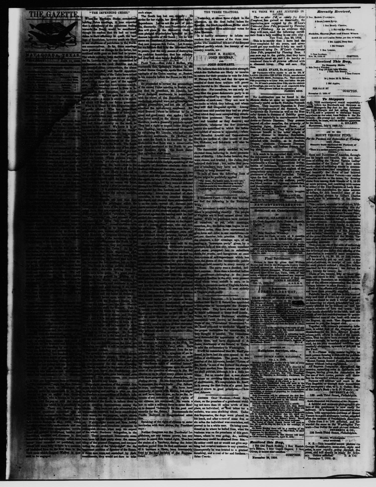 The Matagorda Gazette. (Matagorda, Tex.), Vol. 2, No. 16, Ed. 1 Wednesday, January 11, 1860
                                                
                                                    [Sequence #]: 2 of 3
                                                