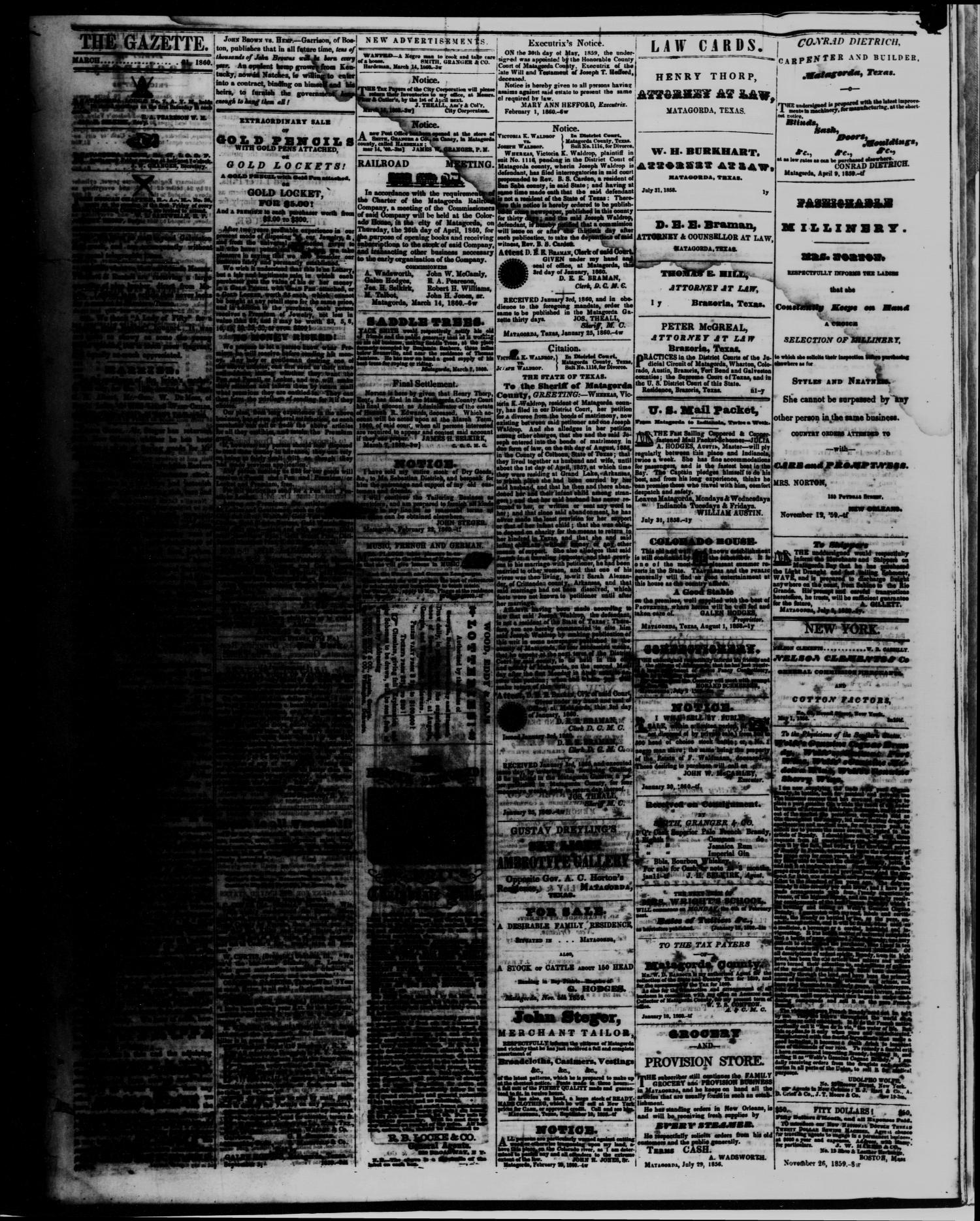 The Matagorda Gazette. (Matagorda, Tex.), Vol. 2, No. 26, Ed. 1 Wednesday, March 21, 1860
                                                
                                                    [Sequence #]: 3 of 4
                                                