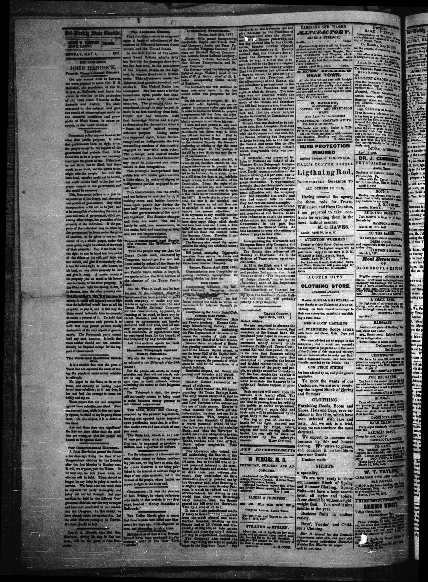 Tri-Weekly State Gazette. (Austin, Tex.), Vol. 4, No. 39, Ed. 1 Monday, May 1, 1871
                                                
                                                    [Sequence #]: 2 of 4
                                                
