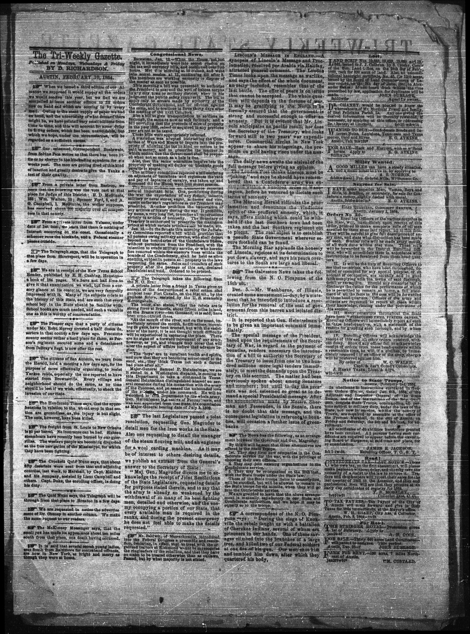 Tri-Weekly State Gazette. (Austin, Tex.), Vol. 2, No. 49, Ed. 1 Wednesday, February 10, 1864
                                                
                                                    [Sequence #]: 2 of 2
                                                