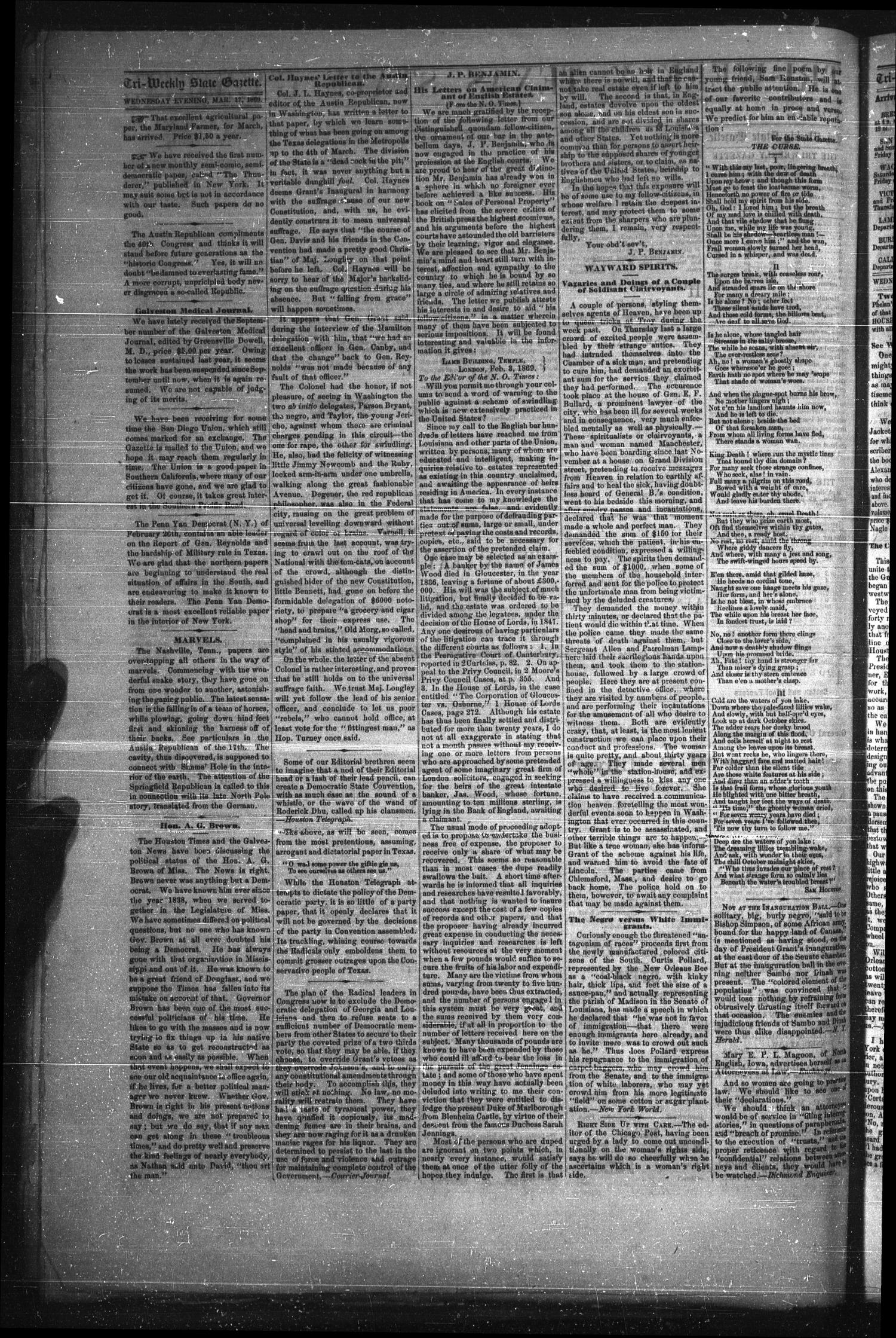 Tri-Weekly Texas State Gazette. (Austin, Tex.), Vol. 2, No. 46, Ed. 1 Wednesday, March 17, 1869
                                                
                                                    [Sequence #]: 2 of 4
                                                