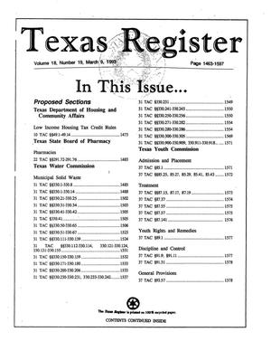 Primary view of object titled 'Texas Register, Volume 18, Number 19, Pages 1463-1597, March 9, 1993'.