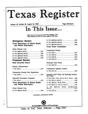 Primary view of object titled 'Texas Register, Volume 18, Number 60, Pages 5275-5372, August 10, 1993'.