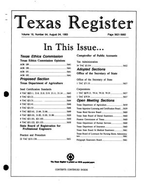 Primary view of object titled 'Texas Register, Volume 18, Number 64, Pages 5631-5682, August 24, 1993'.
