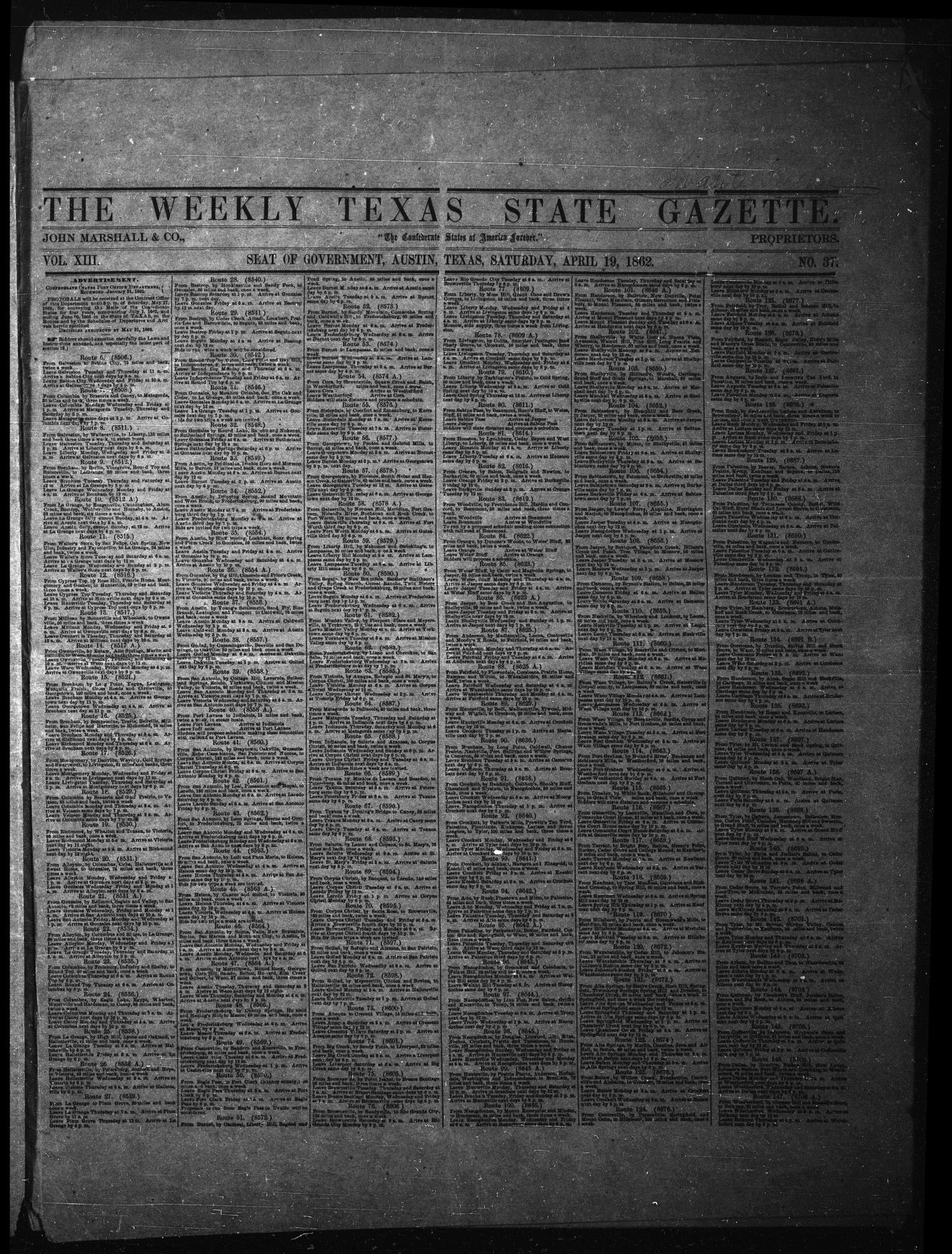 The Weekly Texas State Gazette. (Austin, Tex.), Vol. 13, No. 37, Ed. 1 Saturday, April 19, 1862
                                                
                                                    [Sequence #]: 1 of 4
                                                