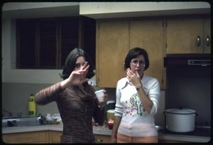 Primary view of object titled '[Two Women Stand in a Kitchen at a Library Party]'.