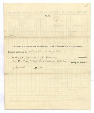 Primary view of object titled '[Monthly Return of Clothing, Camp and Garrison Equipage, April 1865]'.