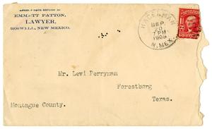 Primary view of object titled '[Envelope from Emmett Patton to Levi Perryman, September 20, 1908]'.