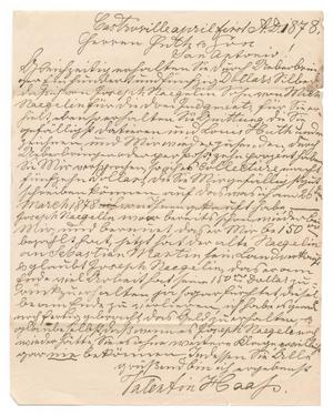Primary view of object titled '[Letter from Valentin Haas to Ferdinand Louis Huth & Son regarding Joseph Naegelin, April 1, 1878]'.