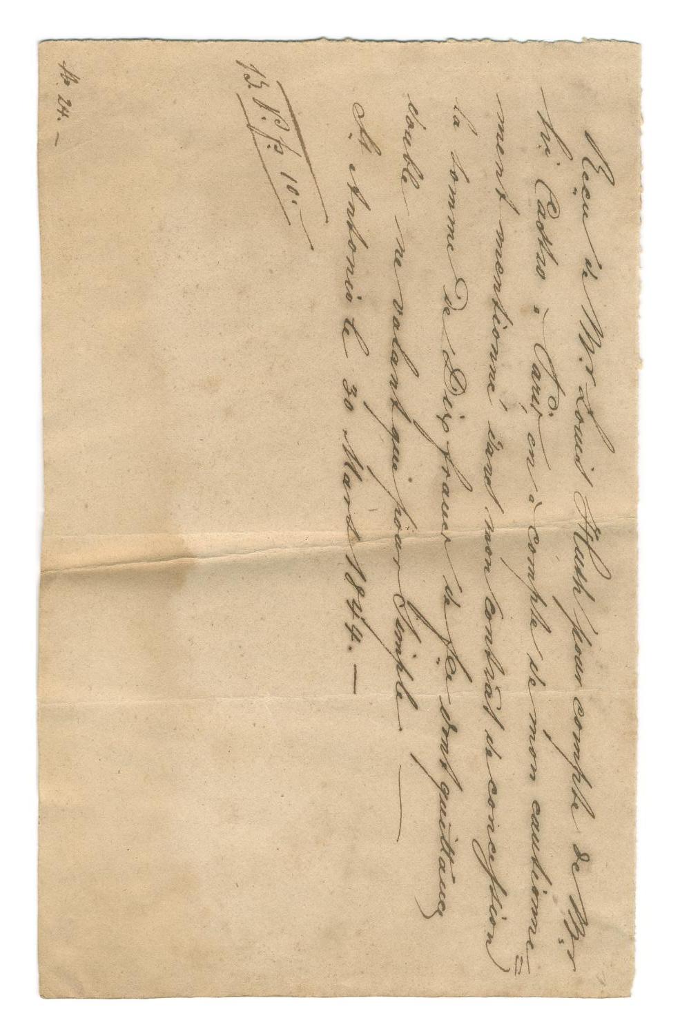 [Receipt for 10 francs, March 30, 1844]
                                                
                                                    [Sequence #]: 1 of 1
                                                