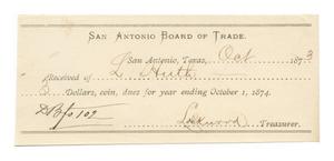Primary view of object titled '[Receipt for $3 from L. Huth for dues, October, 1873]'.