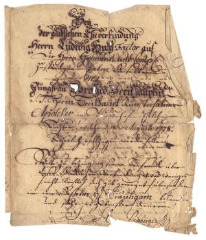 Primary view of [Marriage announcement for Ludwig Huth and Dorothea Breithauptin, August 18, 1778]