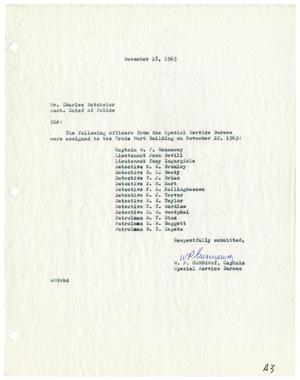 Primary view of object titled '[Report from Captain W. P. Gannaway to Assistant Chief Charles Batchelor - December 18, 1963]'.