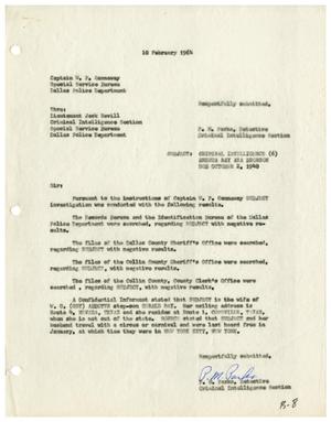 Primary view of object titled '[Criminal Intelligence Report to Captain W. P. Gannaway, February 10, 1964]'.
