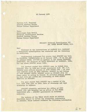 Primary view of object titled '[Criminal Intelligence Report to Captain W. P. Gannaway, January 22, 1964]'.