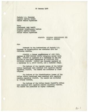 Primary view of object titled '[Criminal Intelligence Report to Captain W. P. Gannaway, January 28, 1964]'.