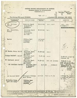 Primary view of object titled '[F.B.I. Criminal Record for William Earl Patrick O'Donnell, February 4, 1964]'.