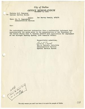 Primary view of object titled '[Office Memorandum from Detective Bob. K. Carroll to Captain W. P. Gannaway, December 2, 1963]'.