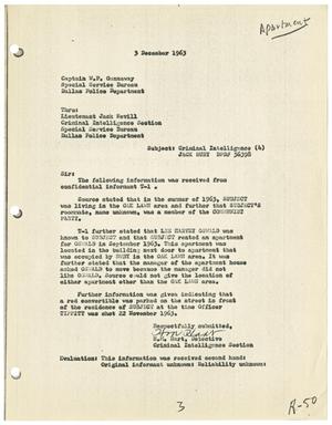 Primary view of object titled '[Criminal Intelligence Report to Captain W. P. Gananway, December 3, 1963]'.