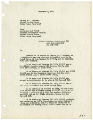 Primary view of object titled '[Criminal Intelligence Report  to Captain W. P. Gannaway, February 10, 1964]'.