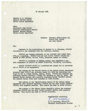 Primary view of object titled '[Criminal Intelligence Report to Captain W. P. Gannaway, January 27, 1964]'.