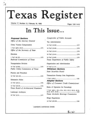 Primary view of object titled 'Texas Register, Volume 17, Number 13, Pages 1361-1412, February 18, 1992'.